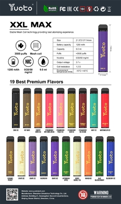 ODM Yuoto 3500 Puffs Vape Bar 16 Campuran Rasa ROHS 1200mAh Baterai 9ml E Juice