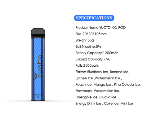 Portable 2500 Puffs Vape sekali pakai Dengan Berat 52g Kapasitas Baterai 1200mAh