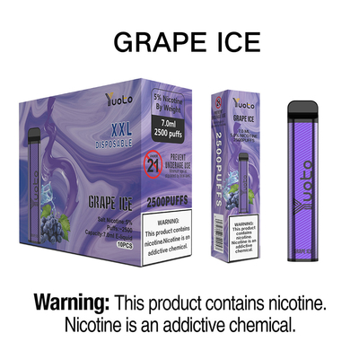 7ml 2500 Puffs Vape sekali pakai Baterai 1200mAh Kapasitas