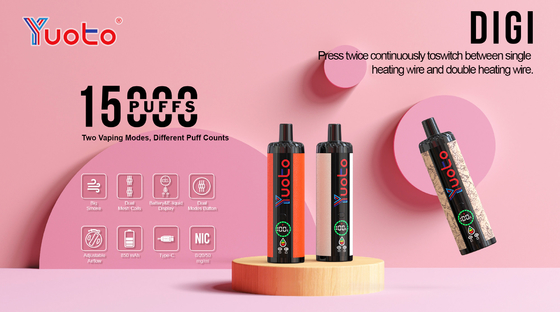 Rechargeable Yuoto DIGI 15000 Puffs Double Mesh Coil Vape 22 Rasa Baterai tingkat bahan bakar Ul