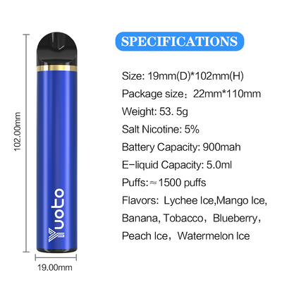 23 Flavours 1500 Puff Disposable Vape 5ml E Juice Capacity Sertifikat CE CF