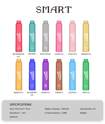 2ml E juice 600 Puffs Vape, Perangkat Vape Portabel pintar Yuoto