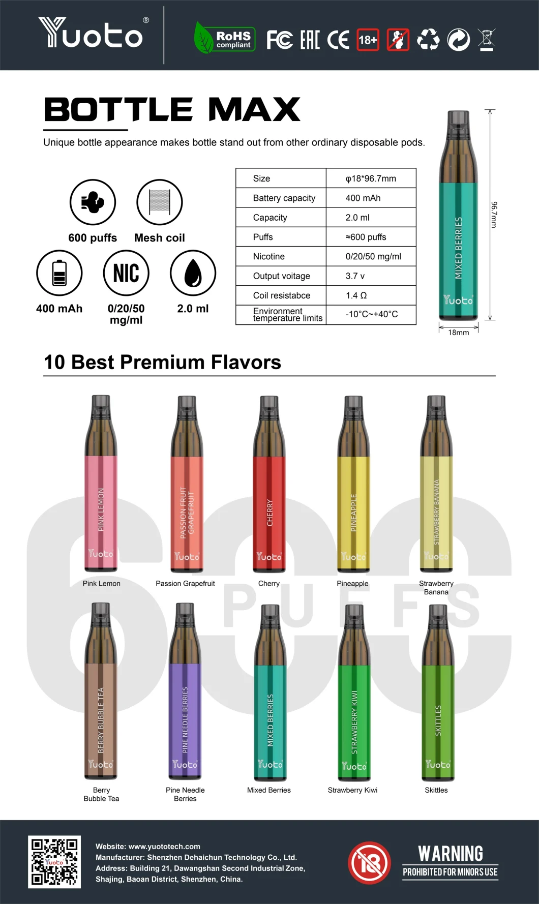 China Popular New Modle Yuoto Bottle Max 600 Puffs with Tpd Disposable Vaporizer
